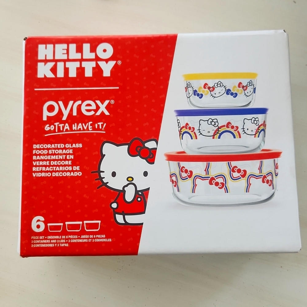HELLO KITTY 6pc pyrex glass bowls w covers